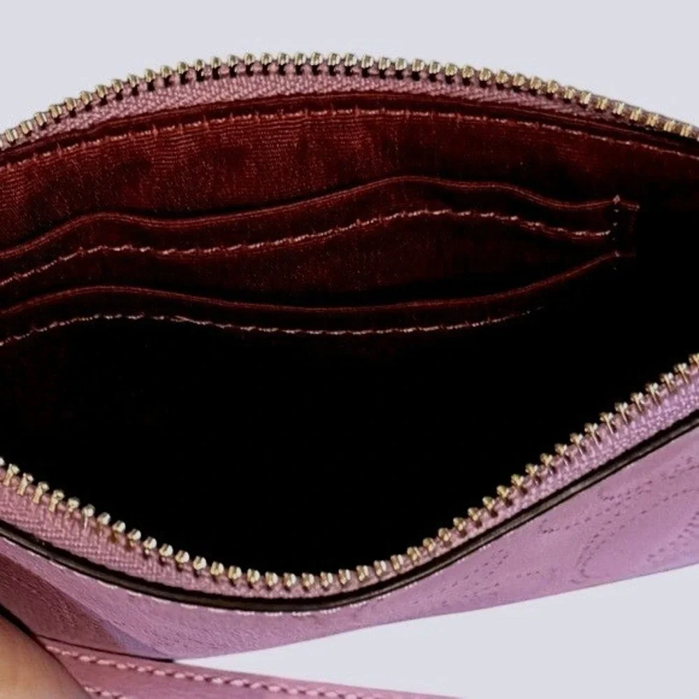 Coach Purple Perforated Signature C Leather Wristlet Gold Hardware Zip Pouch